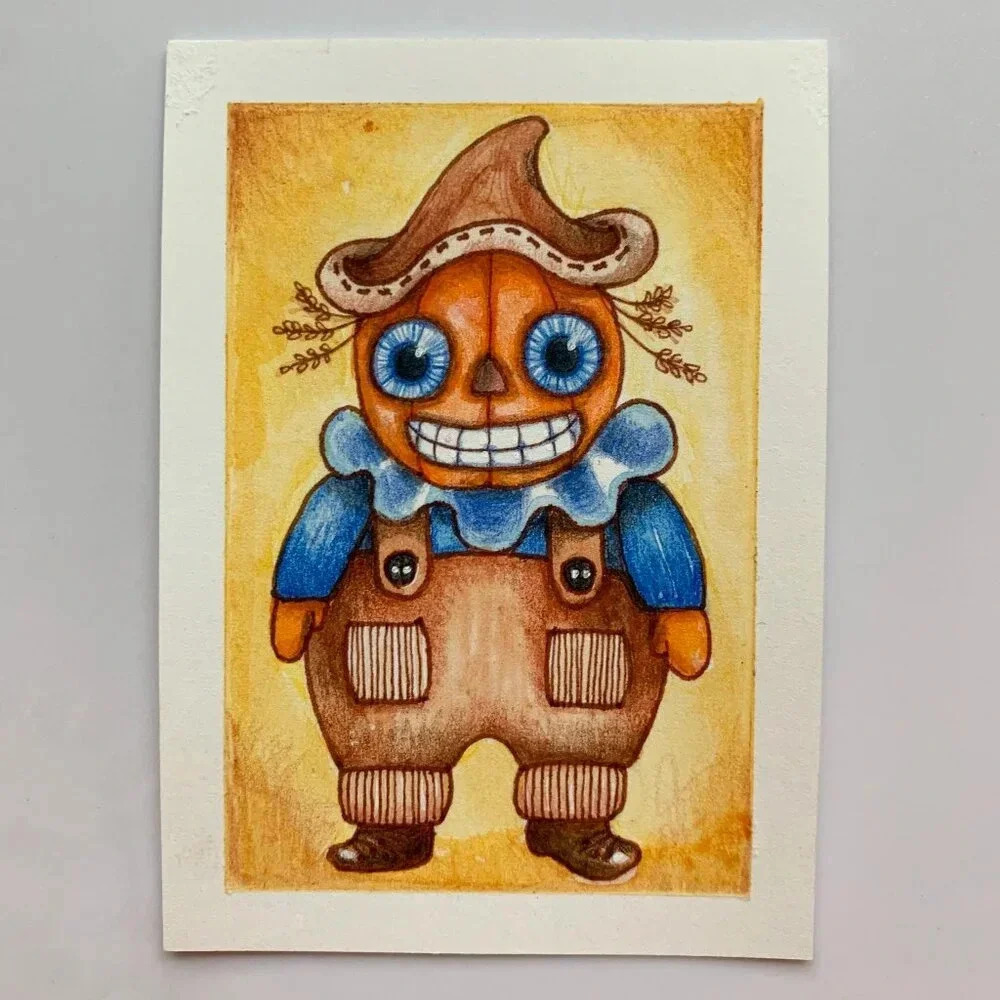 OOAK Vintage Halloween Pumpkin Scarecrow ACEO ATC Original Art Card